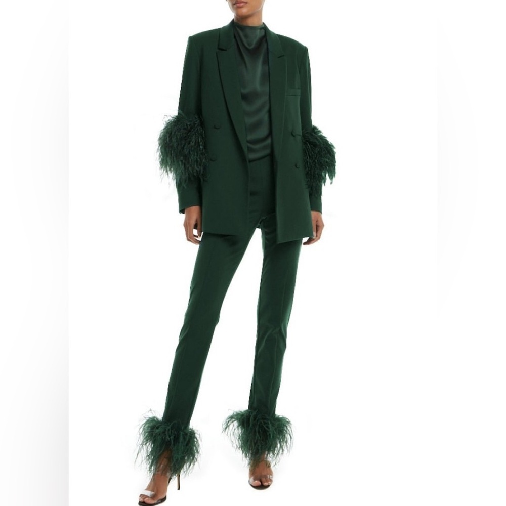 LAPOINTE Scuba Leggings with Feather Pants Ostrich Feathers Forest Green Sz med